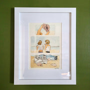 3 panel watercolor illustration of a beach scene. 1st panel a hand holds a small shell. 2nd panel are two girls holding a shell and a can, smiling at one another. 3rd panel is of shoes on the sand, with more shells nearby. Piece is matted into a white frame.