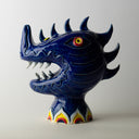 Dark blue glossy ceramic sculpture of a head that looks part animal, part monster with sharp white teeth, an upturned snout nose and curved horns along its head.