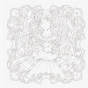 Line drawing of a girl with long hair and a decorative border