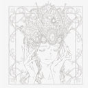 Detailed line drawing of a woman with intricate headpiece on a white background