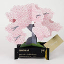 Greeting card with cherry blossom design and a person underneath, featuring the brand 'Bonsai'.