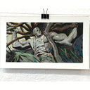 Painting of a film still from Predator of a man with gray skin in the middle of a forest.