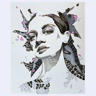 Ink drawing on gray paper of a woman's face, looking down at the viewer and shaded with stylistic cross hatching.