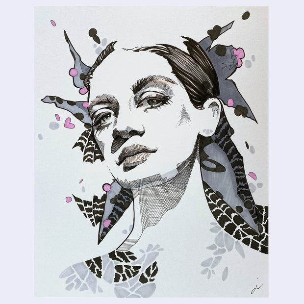Ink drawing on gray paper of a woman's face, looking down at the viewer and shaded with stylistic cross hatching.