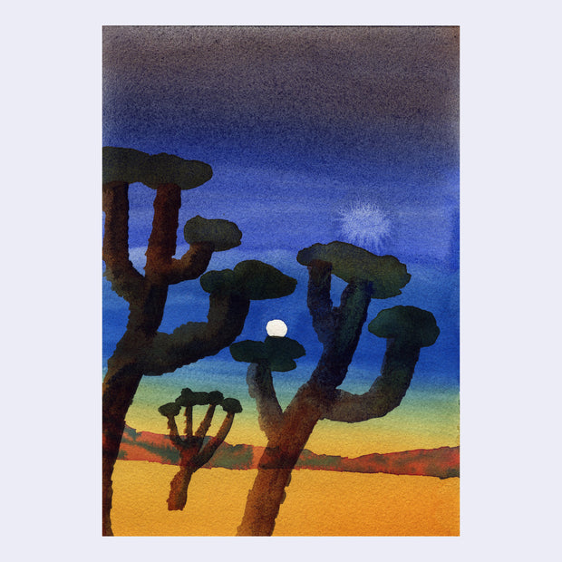Watercolor painting of a landscape of Joshua Tree, with large trees with a dark blue sky and yellow floor.