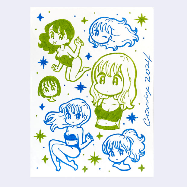 Green and blue ink drawing on white paper of many cute anime style girls, in various poses and cute outfits.