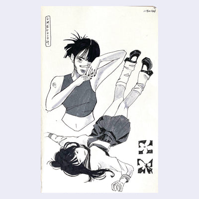 Ink sketch on paper of 2 girls, one wears a school uniform and lays on the ground with her legs up. The other poses with her hands.