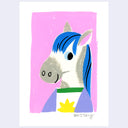 A stylized art work featuring a cartoon horse head with a blue mane, gray snout, and purple body against a pink rectangular background on a white paper field. 