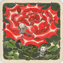Ink and watercolor illustration of 2 small cartoon skeletons standing in strength poses atop of a sharp edged red rose.
