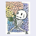 Ink and watercolor illustration of a cartoon skeleton holding a very large orange and yellow hydrangea flower but its trimmed stem. Background is filled by blue and purple flowers.