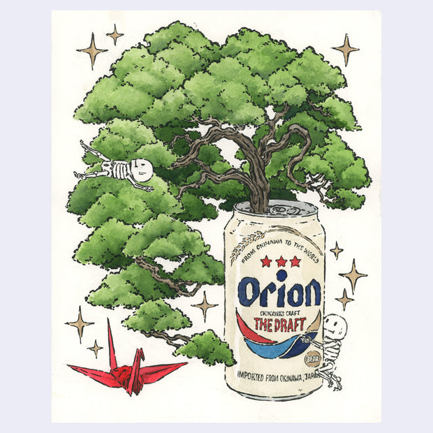 Ink and watercolor illustration of an Orion brand beer can, with a large bonsai tree growing out of the lid. A red paper crane sits in bottom left of piece and 2 small white skeletons interact with the scene.