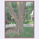 Impressionist style landscape painting of a tree, in a front lawn with more trees and a lawn in the background.