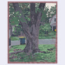Painting of a tree trunk in a front lawn, with garbage bins on the curb in the background.