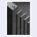 A black and white artwork featuring a minimalist, isometric illustration of a person standing on the edge of a tall staircase, with a light gray background surrounding the print.