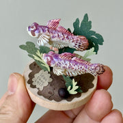 Hand holding a small wooden box with paper fish and plants on a gray background