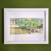 Ink and watercolor illustration of a large tree in front of a house, mostly obscured. 2 people stand in front, petting a cat. Nearby are 3 other cats, presumably strays. Piece is matted into a wooden frame.