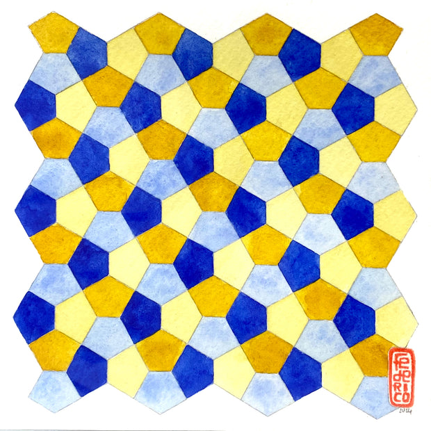 Geometric watercolor of many yellow and blue pentagons.