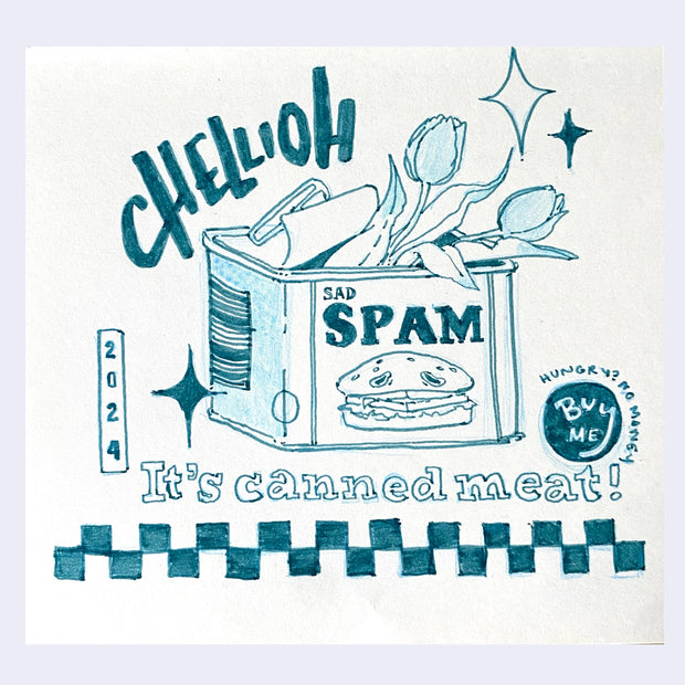 Teal marker sketch of a can of spam with 2 tulips placed inside.