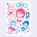 Pink and blue ink drawing on white paper of many cute anime style girls, in various poses and cute outfits.
