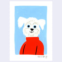 A minimalist art work featuring a white dog with blue eyes wearing a bright red sweater, set against a light blue background with a white border.