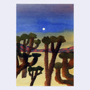 Watercolor painting of a landscape of Joshua Tree with many trees and a blue sky and yellow floor.