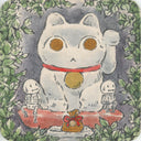 Ink and watercolor illustration of 2 small cartoon skeletons sitting by the side of a large maneki (beckoning cat) statue.