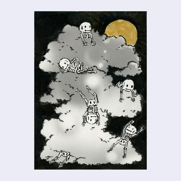 Drawing of a series of small cartoon skeletons sitting on a large fluffy cloud, filled in with dotted screen tone. 