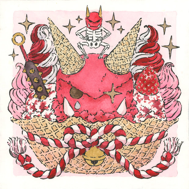 Ink and watercolor illustration of a large waffle cone bowl holding soft serve and 3 scoops of ice cream, a vanilla strawberry mix on each side and a red scoop in the middle. The red scoop is fashioned like a demon, with ice cream cones as horns and fangs. Atop the red scoop is a small skeleton with a devil mask. 