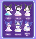 Set of six cartoon character figurines with different poses on a purple background