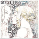 Ink and pencil illustration of a blonde woman, with her hair formally done up with jeweled hair clips. She holds the face of a lover and looks off to the side, at the viewer. Background is a paisley style pattern, with soft muted purples and blues..