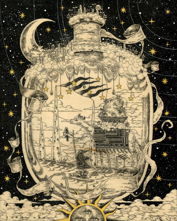 Finely detailed ink illustration on exposed wood panel with subtle gold detailing of a person and camel contained within a bottle. The person wears a full body cover and walks in front of the camel, who carries a large basket of greenery and crystals on its blanketed back. The bottle is decorated with hanging stars, clouds, sprouts and ribbon.