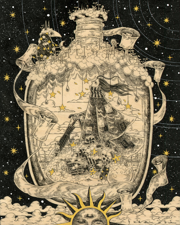 Finely detailed ink illustration on exposed wood panel with subtle gold detailing of a woman contained within a bottle. The woman has long wind blown hair, a patchwork cloak and holds a closed umbrella. The bottle is decorated with hanging stars, greenery and ribbon. A small character with a plague mask stands atop the bottle.
