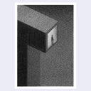 A black and white textured drawing of a modern architectural corner with a small silhouetted figure standing inside a brightly lit square opening, centered on a white border against a pale lavender background.