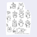 Sheet of black line art stickers featuring various cartoon characters on a white background.