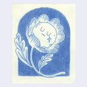 Blue colored pencil illustration of a flowers with a thin stem and a closed eye expression, crying a single star shaped tear. 