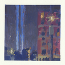 An abstract painting of a city skyline at night, featuring dark blue skyscrapers and a red-brick building with glowing yellow windows and a streetlamp, set against a white paper background.