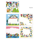 Set of colorful illustrated memo sheets depicting city life scenes on a white background.