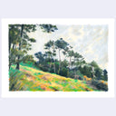 A landscape artwork depicting a grassy hillside with trees under a cloudy sky, rendered in textured pastel or crayon-like strokes. 