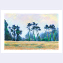 A pastel landscape artwork depicting a field of golden grass and several tall, dark blue-green trees under a soft pastel sky, presented on a light gray background.