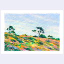 A pastel landscape drawing of a grassy hill with scattered trees under a pale blue sky, centered on a light gray background.