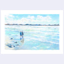 A colored pencil beach painting showing two small figures standing in shallow turquoise water under a pale blue sky with soft white clouds. The artwork is centered on a white field against a light lavender-gray background.