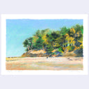 A colored pencil beach landscape artwork featuring a sandy shore, a tree-covered cliff in green and yellow tones, and a pale blue sky. The artwork is centered on a light gray background.