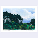 A landscape artwork depicting a dense forest of dark green pines under a cloudy blue sky, with a small white figure visible on the right side of the meadow. 