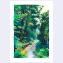 A vertical art work depicting a lush green forest path with a soft, impressionistic brushstroke style, centered on a light gray background.