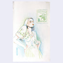 Color pencil sketch of a a girl in a white dress, looking off to the side. A postal stamp for the phillipines is in the back.