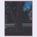 Painting of a tree trunk in a front lawn, seen at night, hardly lit with a dark blue sky behind.