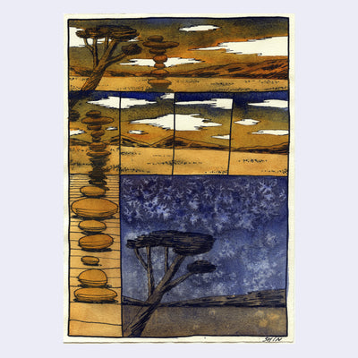 Watercolor painting divided into 6 panels of landscapes of Joshua Tree, with most a day scene and one night scene. Scenes show rock stacks.
