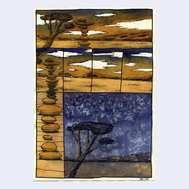 Watercolor painting divided into 6 panels of landscapes of Joshua Tree, with most a day scene and one night scene. Scenes show rock stacks.