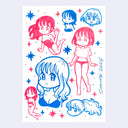 Hot pink and blue ink drawing on white paper of many cute anime style girls, in various poses and cute outfits.
