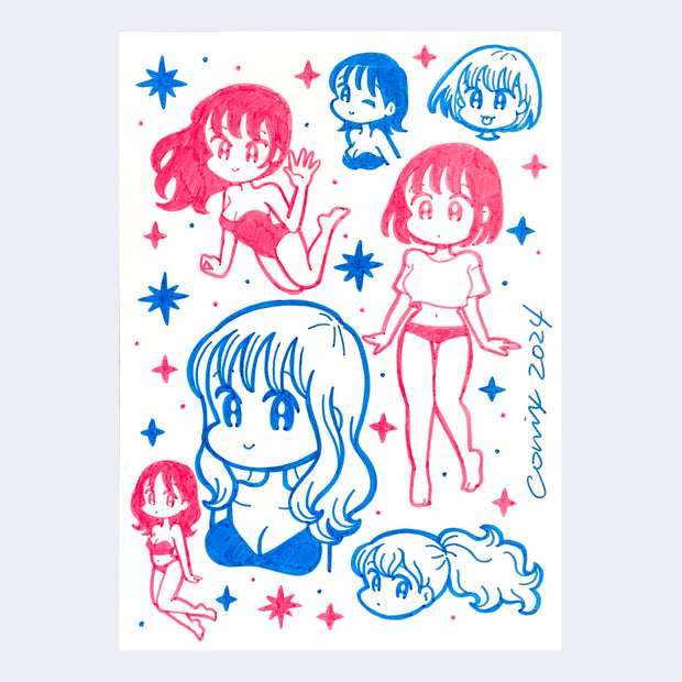 Hot pink and blue ink drawing on white paper of many cute anime style girls, in various poses and cute outfits.